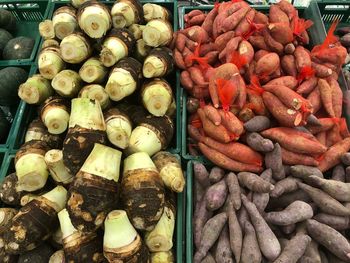 High angle view of vegetables for sale at market stall