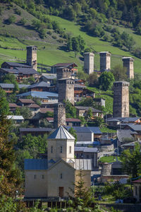 High angle view of buildings in village