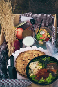 High angle view of brunch in tray