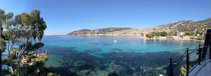 Scenic view of sea against clear blue sky