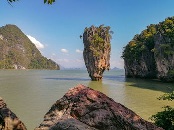 Scenic view of rocks in sea against sky