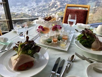 High angle view of food on table in restaurant