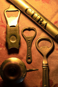 High angle view of old equipment on table