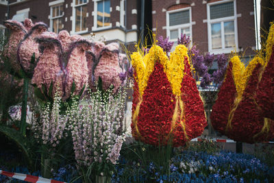Various flowers hanging at market stall