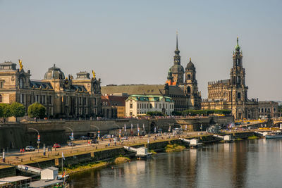 River in city against clear sky