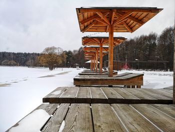 Built structure on snow covered field against sky