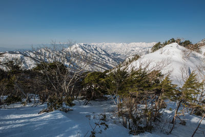 Scenic view of snow covered mountains against sky