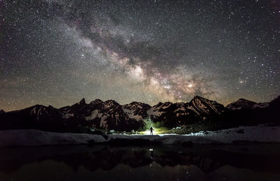 Scenic view of lake and mountains against sky at night