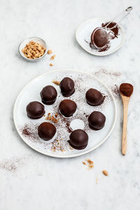 High angle view of chocolate cake on table