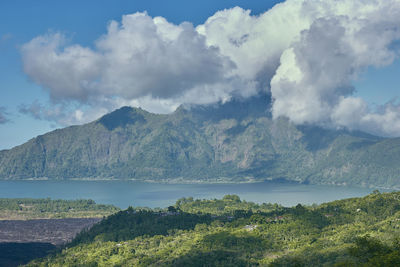 Scenic view of lake and mountains against sky