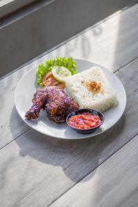 High angle view of food in plate on table