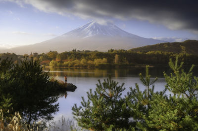 Scenic view of lake by trees against sky