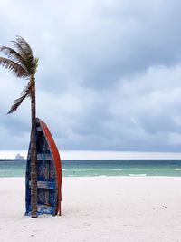 Boat and palm tree on beach against sky