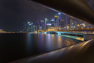 Illuminated city by river against sky at night