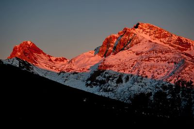 Scenic view of snowcapped mountains against clear sky