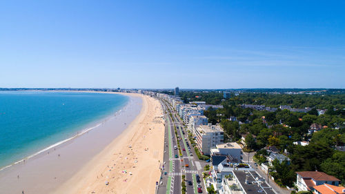 Panoramic view of beach against clear blue sky