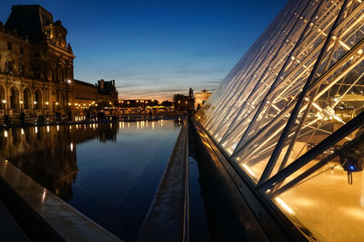 Reflection of illuminated buildings in city at night