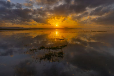 Scenic view of river estuary against sky during sunset