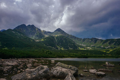 Scenic view of lake and mountains against sky