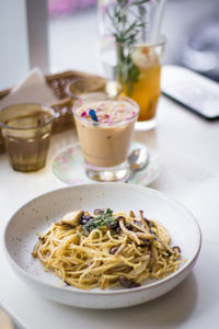 Close-up of food served on table