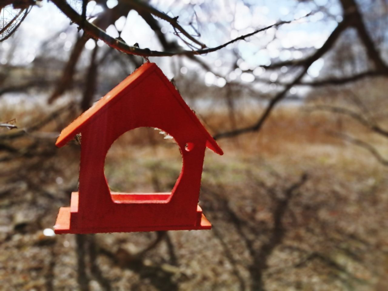 CLOSE-UP OF RED BIRDHOUSE HANGING ON TREE