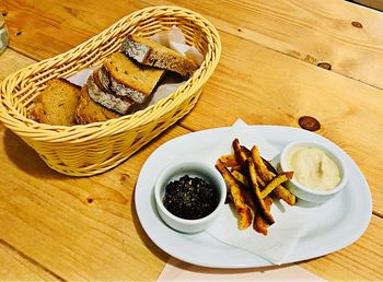 High angle view of food served on table