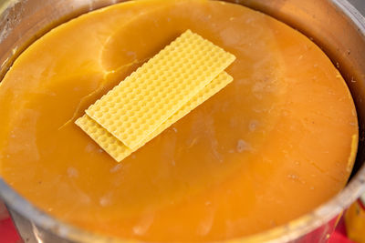 High angle view of soup in bowl