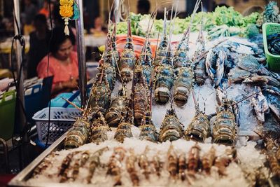 Panoramic view of fish for sale at market stall