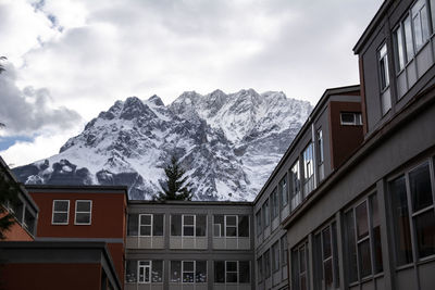 Snow covered buildings against sky