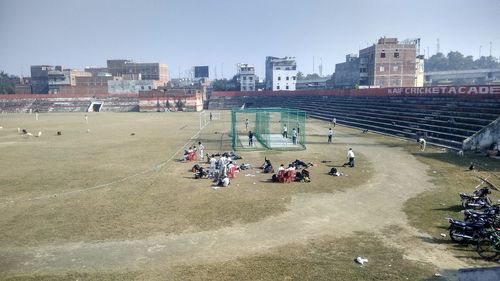 High angle view of people playing in town square