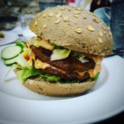 Close-up of burger in plate