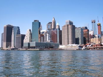 River in city against clear blue sky