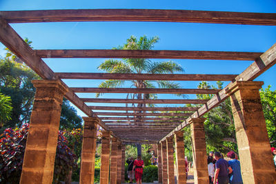 People standing by plants against sky