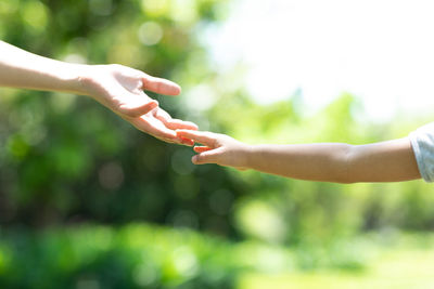 Close-up of woman hand reaching towards outdoors