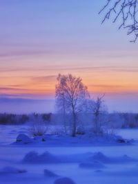 Scenic view of frozen landscape against sky during sunset