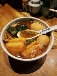 High angle view of soup in bowl on table