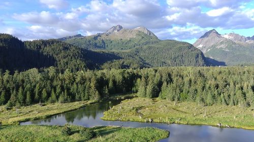 Scenic view of lake and mountains against sky