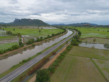 High angle view of railroad tracks against sky