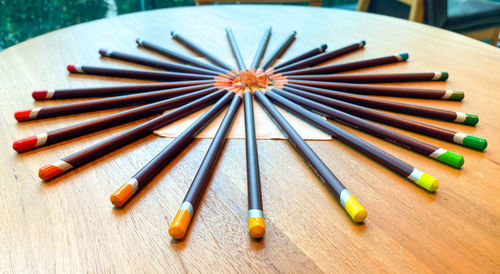 High angle view of colored pencils on wooden table