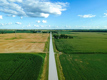 Summertime view of farm fields and a rural country road