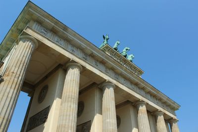 Low angle view of brandenburg gate against clear blue sky