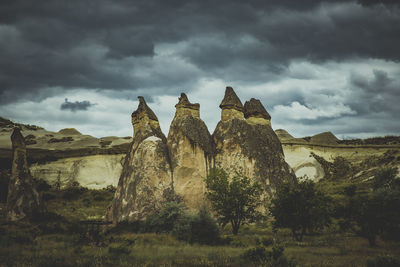 Rock formations in the rose valley in turkey near goreme.