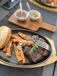 High angle view of food in plate on table