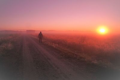 Rear view of person walking against sky during sunset