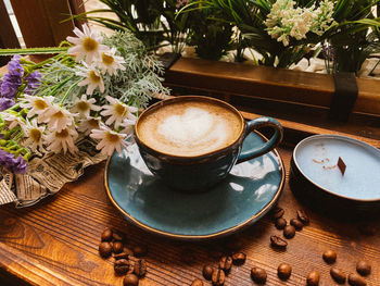 High angle view of coffee on table