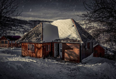 Built structure on snow covered land against sky