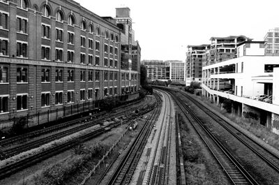 Railroad tracks on railroad station platform