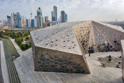 High angle view of modern buildings in city