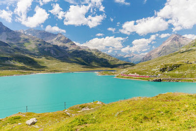 Scenic view of lake by mountains against sky