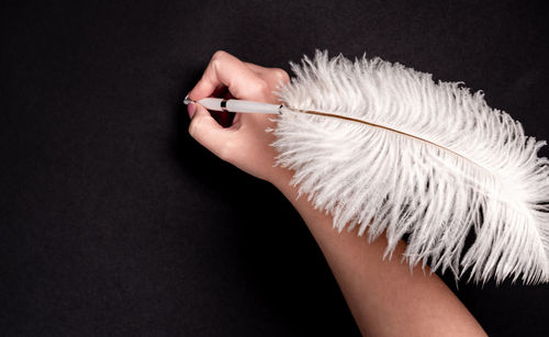 Close-up of woman hand against white background